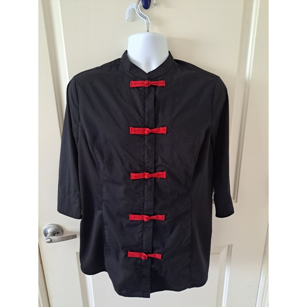 Chefworks Sushi Chef Unisex  Shirt Black Red Bows 3/4 Sleeves Mock Neckline Sz L